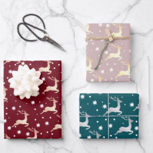 Elegant Christmas Reindeer Snowflake Pattern Wrapping Paper Sheet