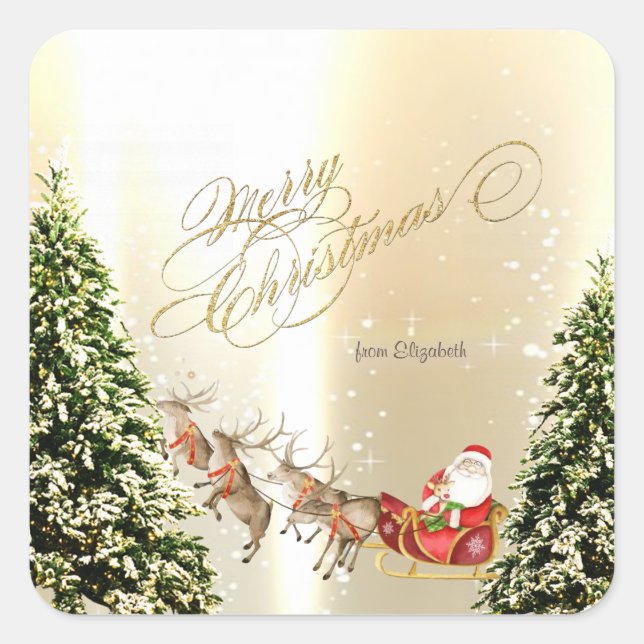 Elegant Christmas Reindeers Santa Claus Sleigh Square Sticker (Front)