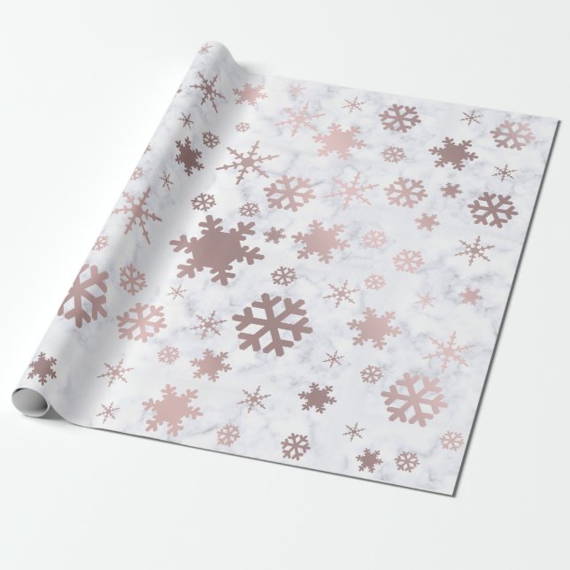 Elegant Christmas Rose Gold Snowflakes & Marble Wrapping Paper (Unrolled)