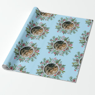 Elegant Christmas Round Frame Photo Sky blue Wrapping Paper