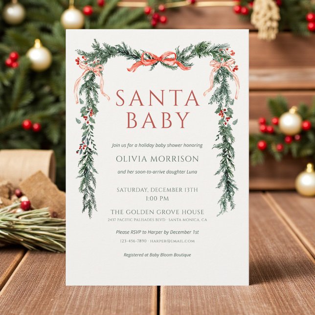 Elegant Christmas Santa Baby Red Bow Baby Shower Invitation (Creator Uploaded)