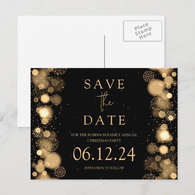 Elegant Christmas Save The Date Gold Winter Black Announcement Postcard (Front/Back)
