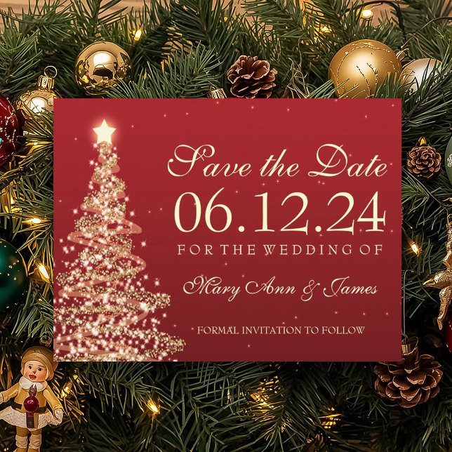 Elegant Christmas Save The Date Red Gold Announcement Postcard (Elegant Christmas Save The Date Red Gold Announcement Postcard)