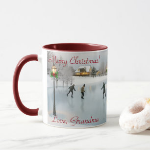Elegant Christmas scene featuring ice skaters Mug