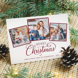 Elegant Christmas Script 3 Photo Burgundy Holiday Card