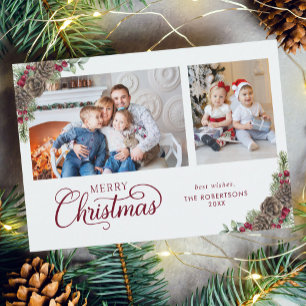 Elegant Christmas Script Botanical 2 Photo  Holiday Card