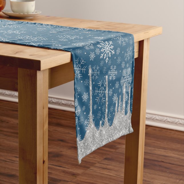 Elegant Christmas Silver Snowflake Pattern  Short Table Runner (In Situ)