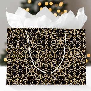 Elegant Christmas Snowflake Faux Gold Black Large Gift Bag