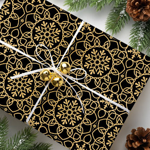 Elegant Christmas Snowflake Faux Gold Black Wrapping Paper