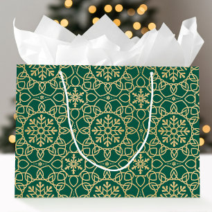 Elegant Christmas Snowflake Faux Gold Green Large Gift Bag