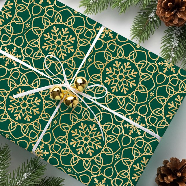 Elegant Christmas Snowflake Faux Gold Green Wrapping Paper (Creator Uploaded)