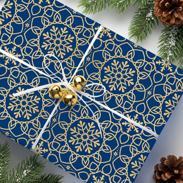 Elegant Christmas Snowflake Faux Gold Navy Wrapping Paper (Creator Uploaded)