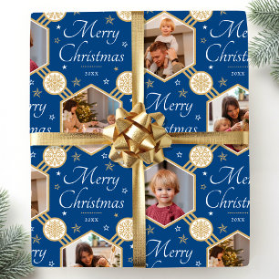 Elegant Christmas Snowflake Photo Collage Blue Wrapping Paper
