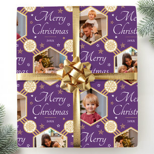 Elegant Christmas Snowflake Photo Collage Purple Wrapping Paper
