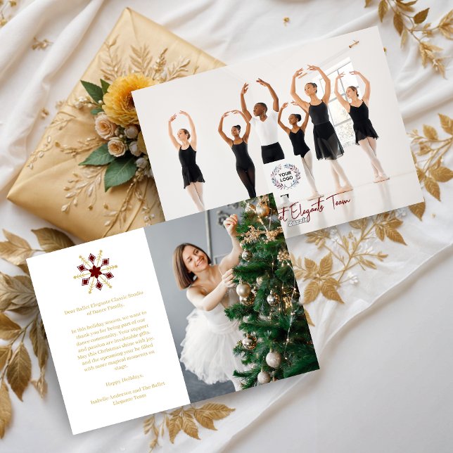 Elegant Christmas Snowflake Red & Gold 2 Photos Holiday Card (Elegant Christmas Snowflake Red & Faux Gold 2 Photos Business Holidays Cards. )
