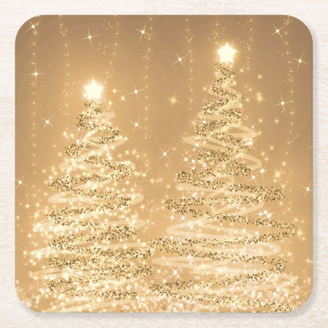 Elegant Christmas Sparkling Trees Copper Square Paper Coaster (Front)