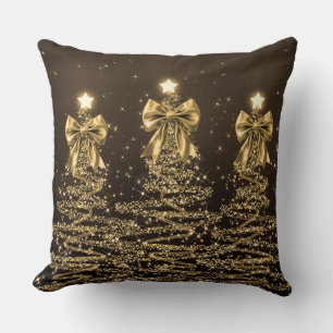 Elegant Christmas Sparkling Trees Gold Faux Bow  Cushion