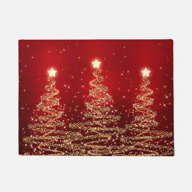 Elegant Christmas Sparkling Trees Red Doormat (Front)