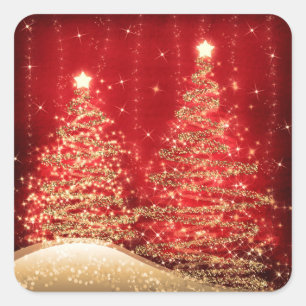 Elegant Christmas Sparkling Trees Red  Square Sticker