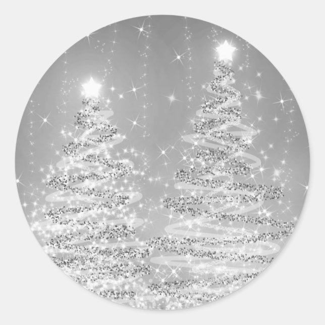 Elegant Christmas Sparkling Trees Silver  Classic Round Sticker (Front)