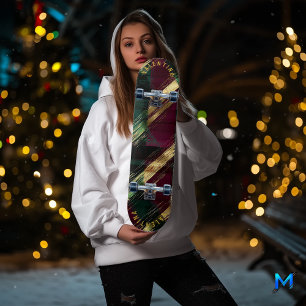 Elegant Christmas Tartan in Gold and Burgundy Skateboard