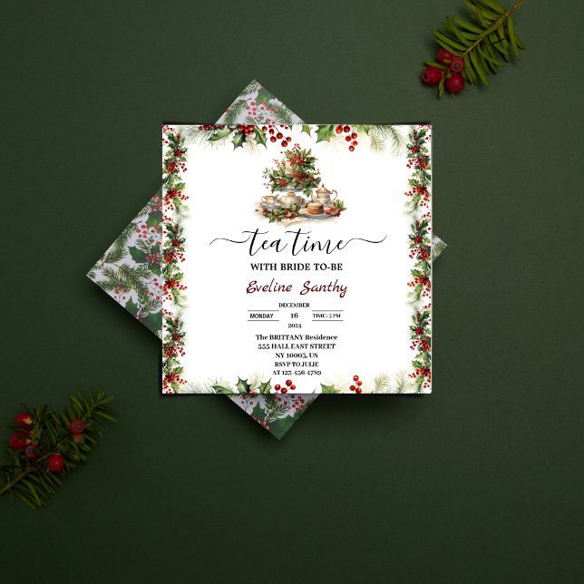 Elegant Christmas Tea Party Floral Bridal Shower Invitation (Elegant Christmas Tea Party Floral Bridal Shower Invitation wedding holiday theme holly berries leaf)