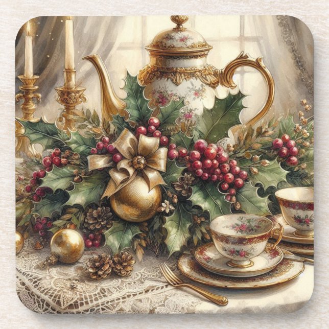 Elegant Christmas Teapot Hard plastic coaster (Front)