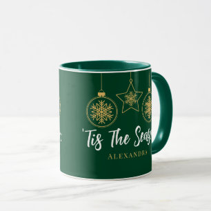 Elegant Christmas Tis The Season Green Gold, White Mug
