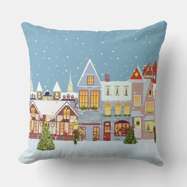 Elegant Christmas Town on Sky Blue  Cushion (Front)