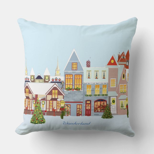 Elegant Christmas Town with Light Blue Background Cushion (Front)