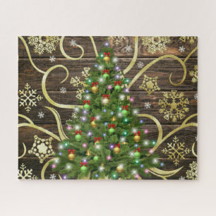 Elegant Christmas Tree Barn Wood Gold Design Jigsaw Puzzle