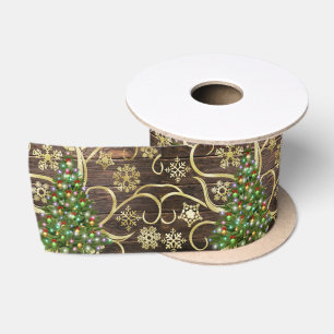 Elegant Christmas Tree Barn Wood Gold Design Satin Ribbon