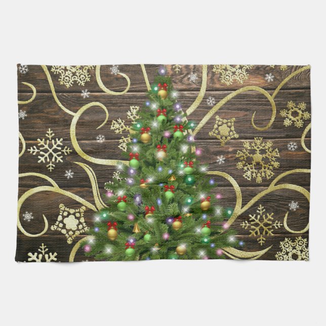 Elegant Christmas Tree Barn Wood Gold Design Tea Towel (Horizontal)