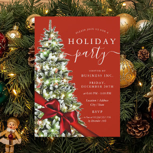 Elegant Christmas Tree Bow Corporate Holiday Red Invitation