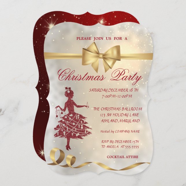Elegant Christmas Tree ,Bow,Red,Christmas Party Invitation (Front/Back)