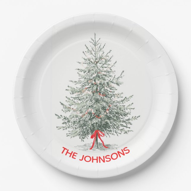 Elegant Christmas Tree & Custom Name Paper Plates (Front)