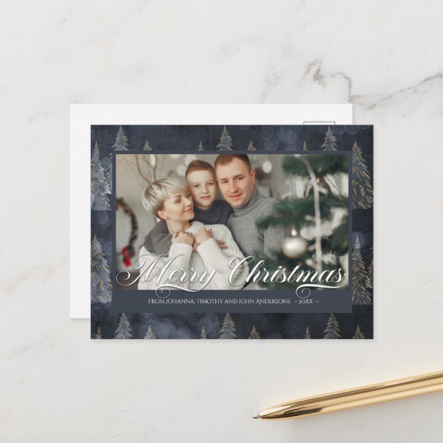 Elegant Christmas Tree Dark Blue Family Photo Holiday Postcard (Front/Back In Situ)