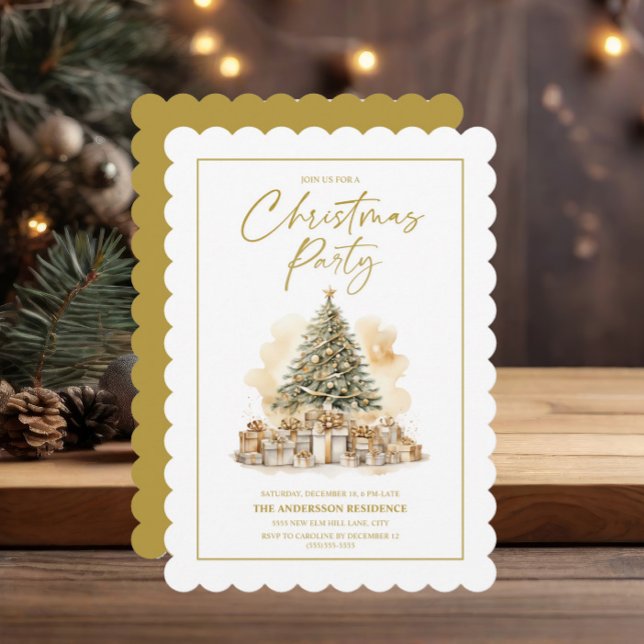 Elegant Christmas Tree Gold White Gifts Party Invitation (Gold Christmas tree party invitation)