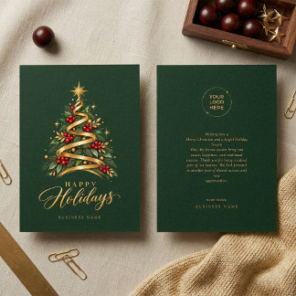 Elegant Christmas tree Green and Gold Business Holiday Card