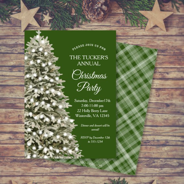 Elegant Christmas Tree Green Plaid Christmas Party Invitation (Creator Uploaded)