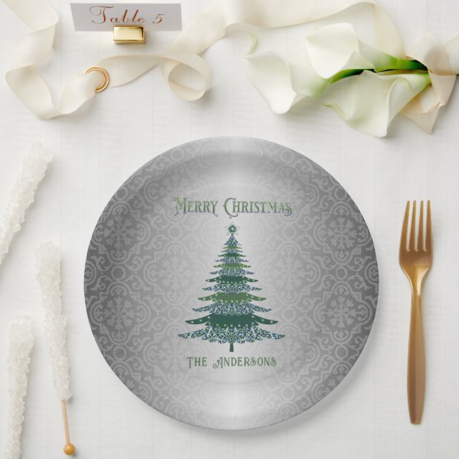 Elegant Christmas Tree Green Silver Name Ornaments Paper Plate (Wedding)