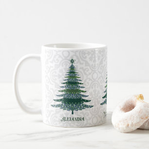 Elegant Christmas Tree Green White Personalised Coffee Mug