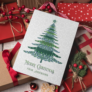 Elegant Christmas Tree Green White Personalised Holiday Card