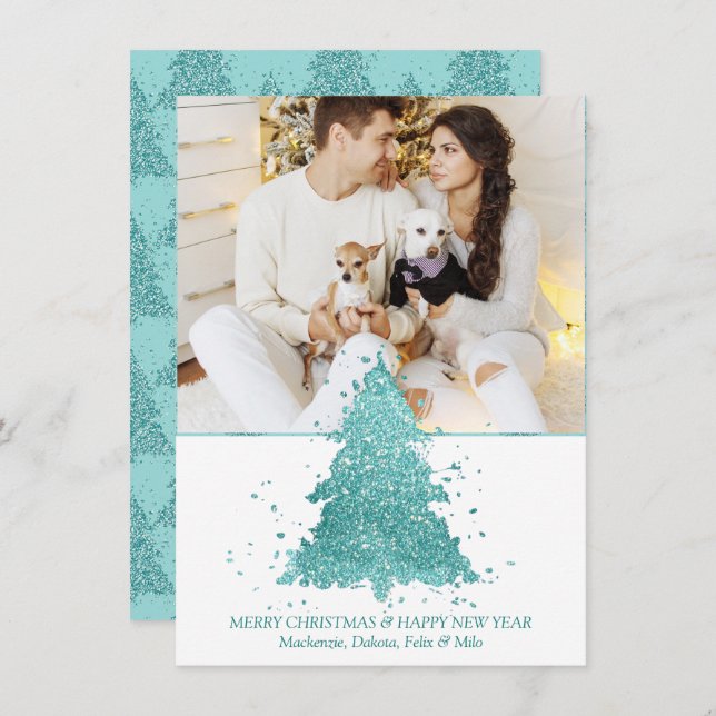 Elegant Christmas Tree | Luxe Aqua Mint Photo Holiday Card (Front/Back)
