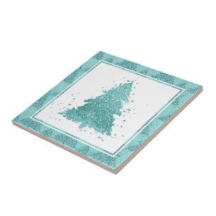 Elegant Christmas Tree Luxe Aqua Mint Splatter Ceramic Tile