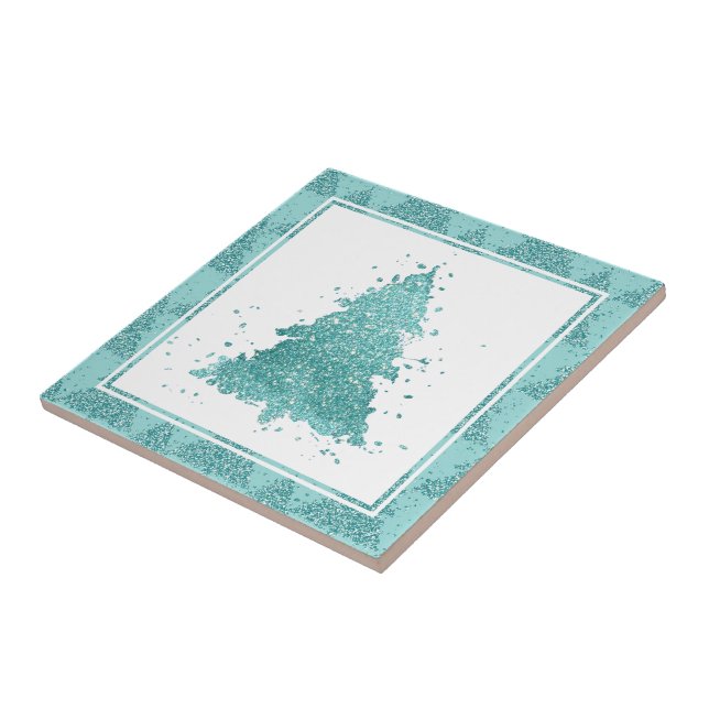 Elegant Christmas Tree | Luxe Aqua Mint Splatter Ceramic Tile (Side)