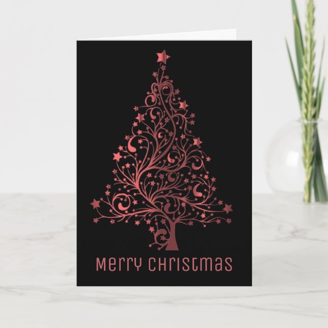 Elegant Christmas Tree Metallic Red Look Black Holiday Card (Front)