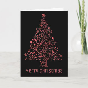 Elegant Christmas Tree Metallic Red Look Black Holiday Card
