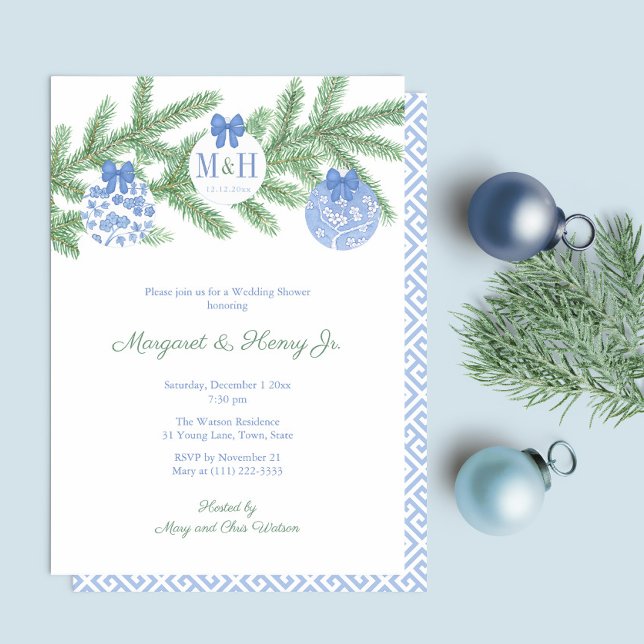 Elegant Christmas Tree Monogram Coed Bridal Shower Invitation (Refined Blue And White Hand Painted Ornaments Fir Tree Holidays Co-Ed Wedding Shower Or Engagement)