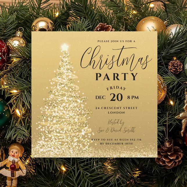 Elegant Christmas Tree Party Gold Holiday Invitation (Elegant Christmas Tree Party Gold Holiday Invitation)